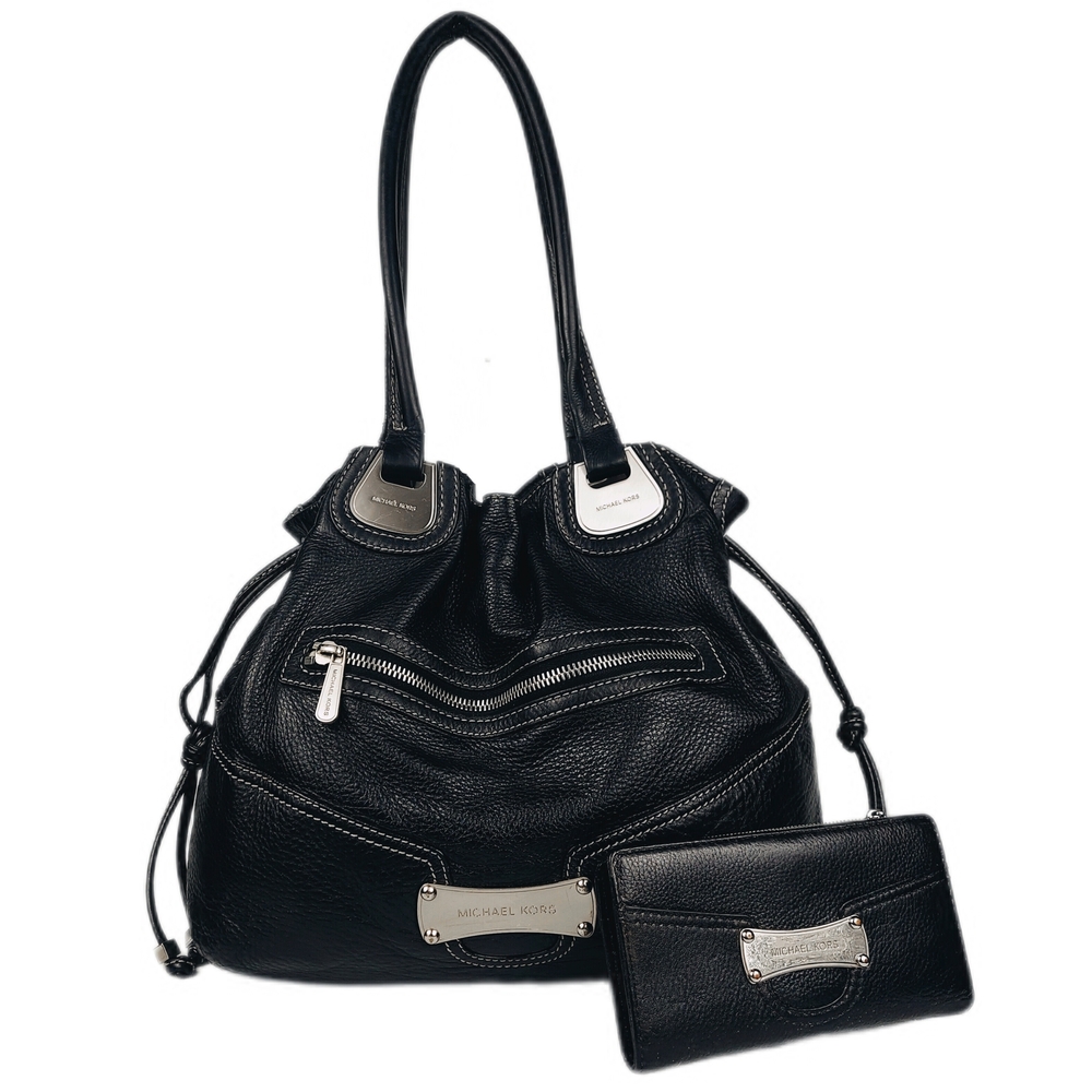 MICHAEL KORS Large Black Hobo & Wallet Set w/Silver Accents